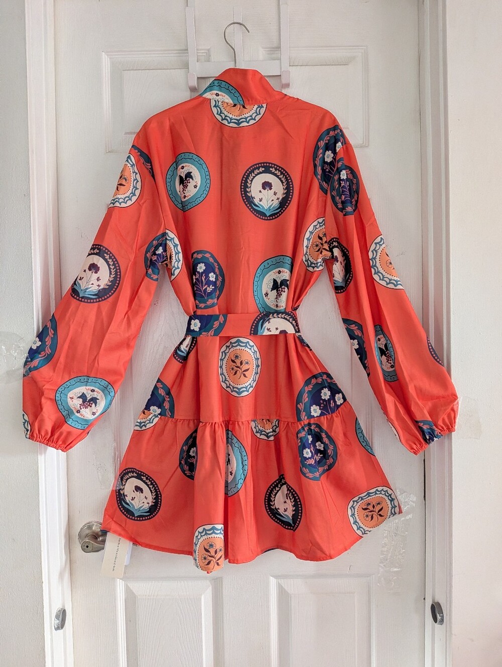 Commense Printed Belted Cotton Linen Long Sleeve Mini Dress - Picture 15 of 16